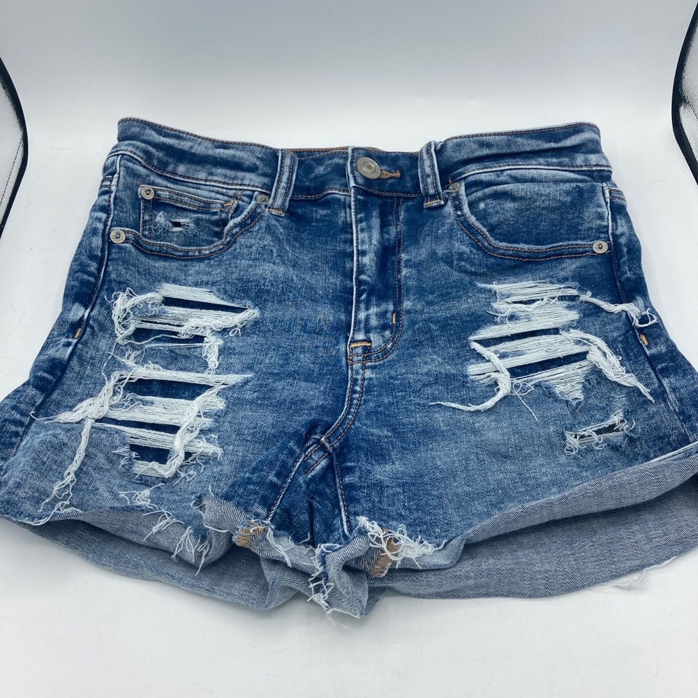 American Eagle Hi-Rise Shortie Jean Shorts Size 6 Stretch Distressed Denim